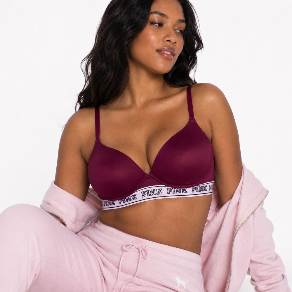Pink Wear Everywhere Wireless Logo Band Push Up Bra Burgundy Sporty Size 34C